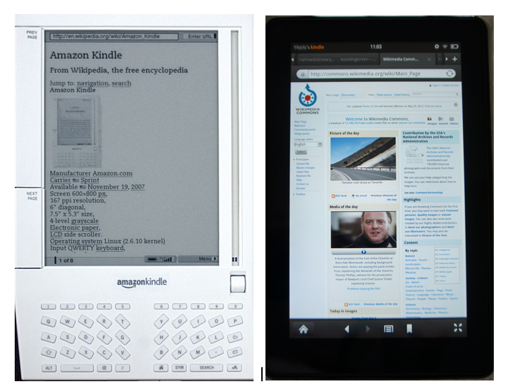 image showing the first Kindle e-reader and a current one side by side