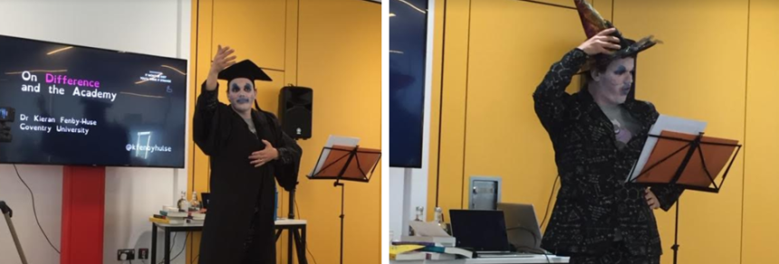 Images showing Kieran Fenby-Hulse performing his academic cabaret