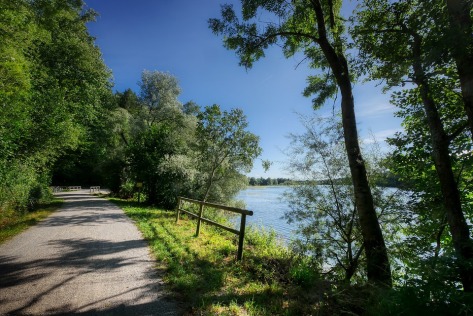 image showing a walking path by a river 